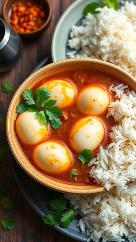 A bowl of spicy egg kulambu with boiled eggs in tamarind gravy, garnished with coriander, served with rice.